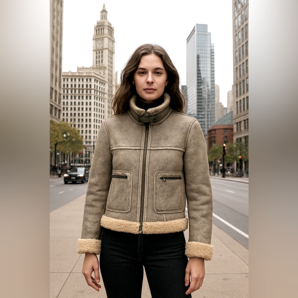 Vakko Shearling Lamb Jacket - Blue/Gray and Cream